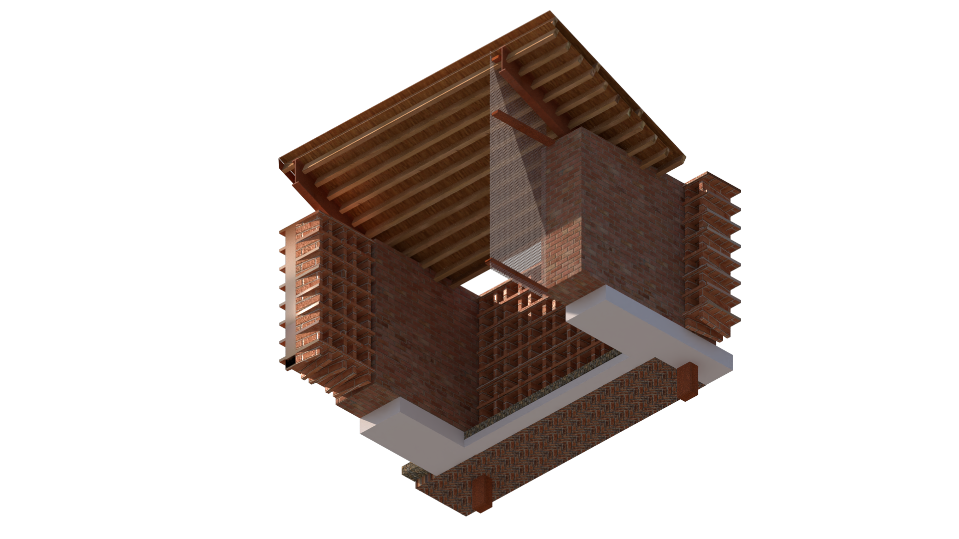 Exploded axonometric of the roof, wall, and structural assembly