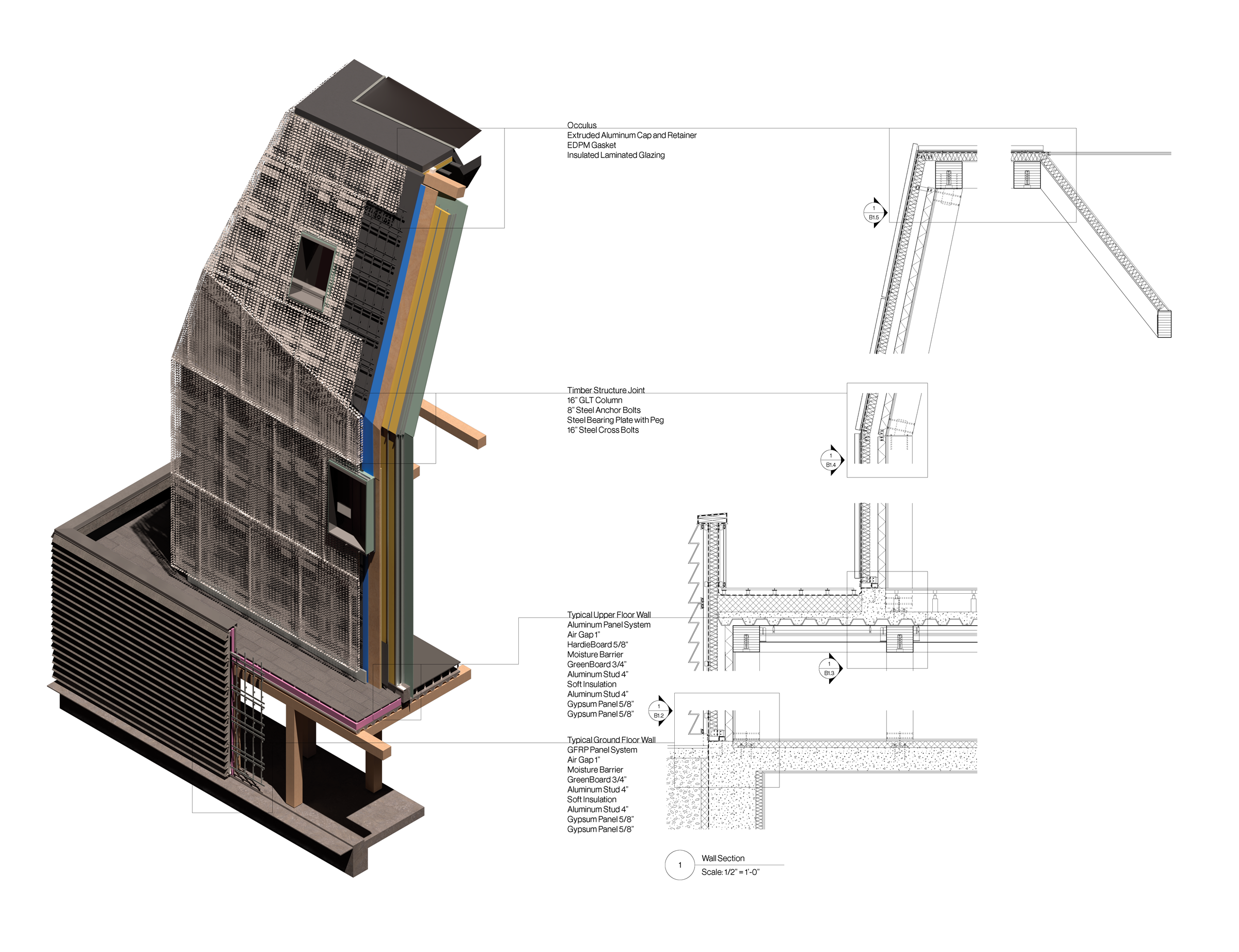 Exploded wall section axonometric, facade and floor assembly