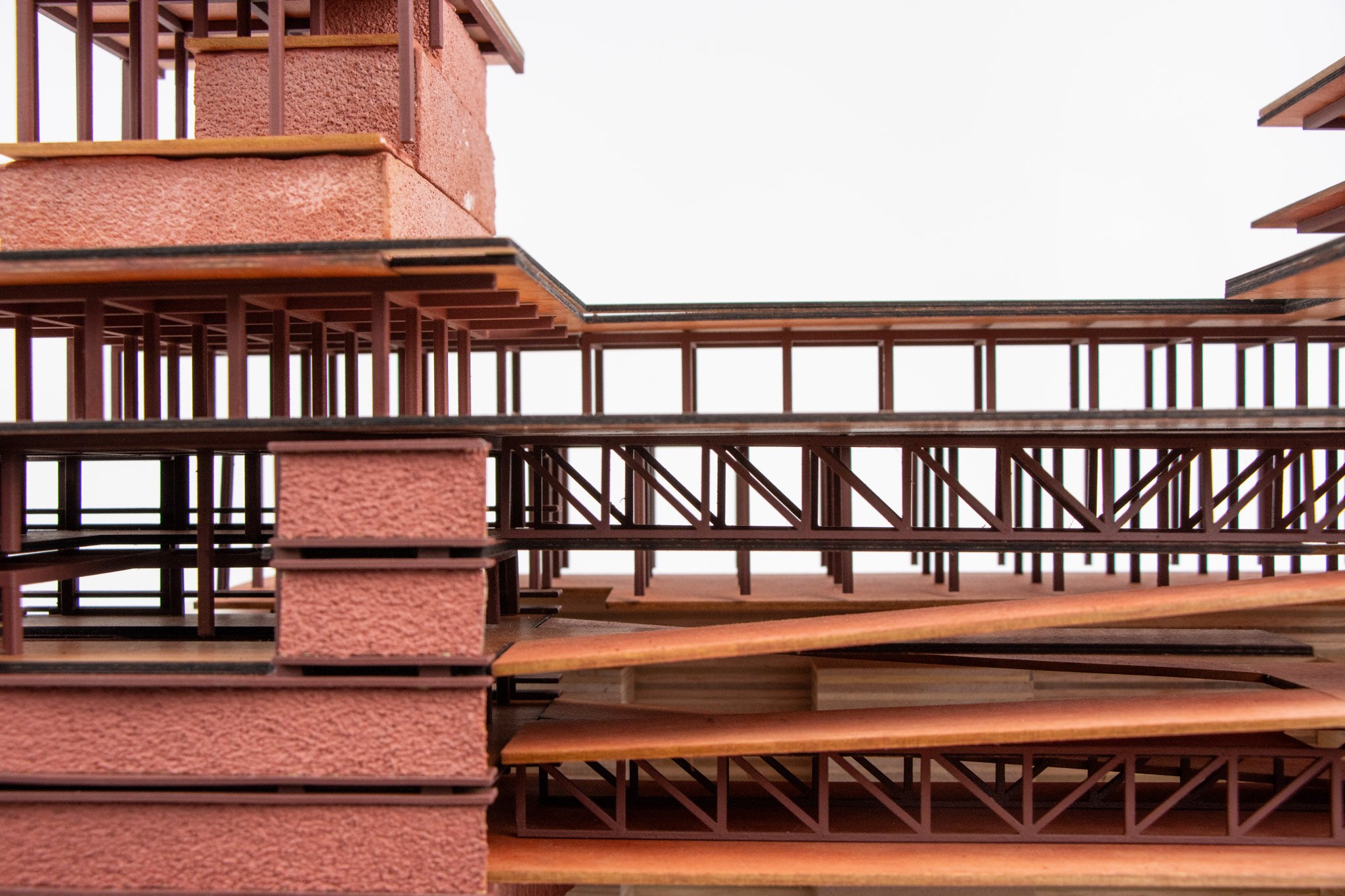Model detail: brick-clad blocks and the truss bridge
