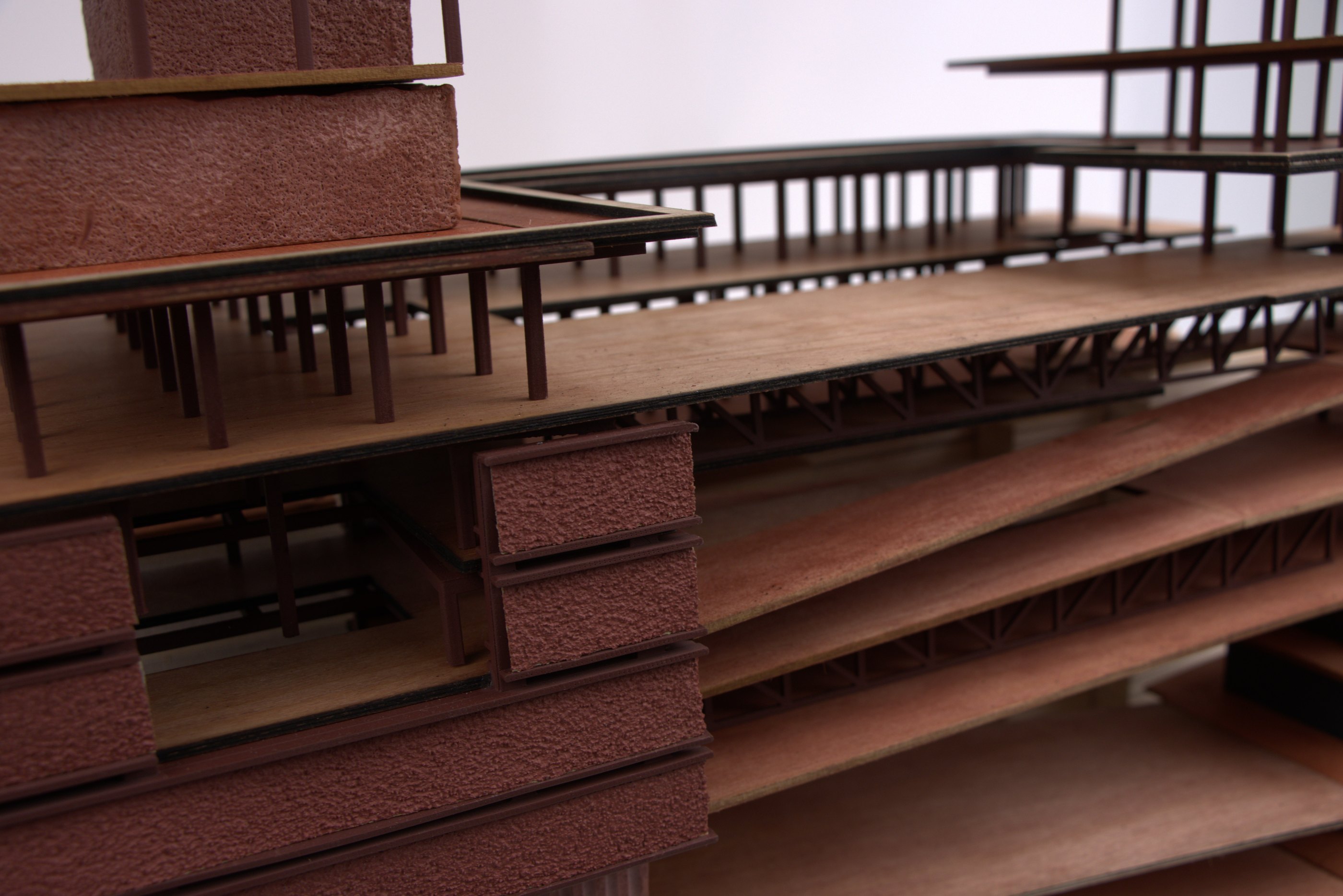Model close-up: sloped floor plates, ramps and trusses
