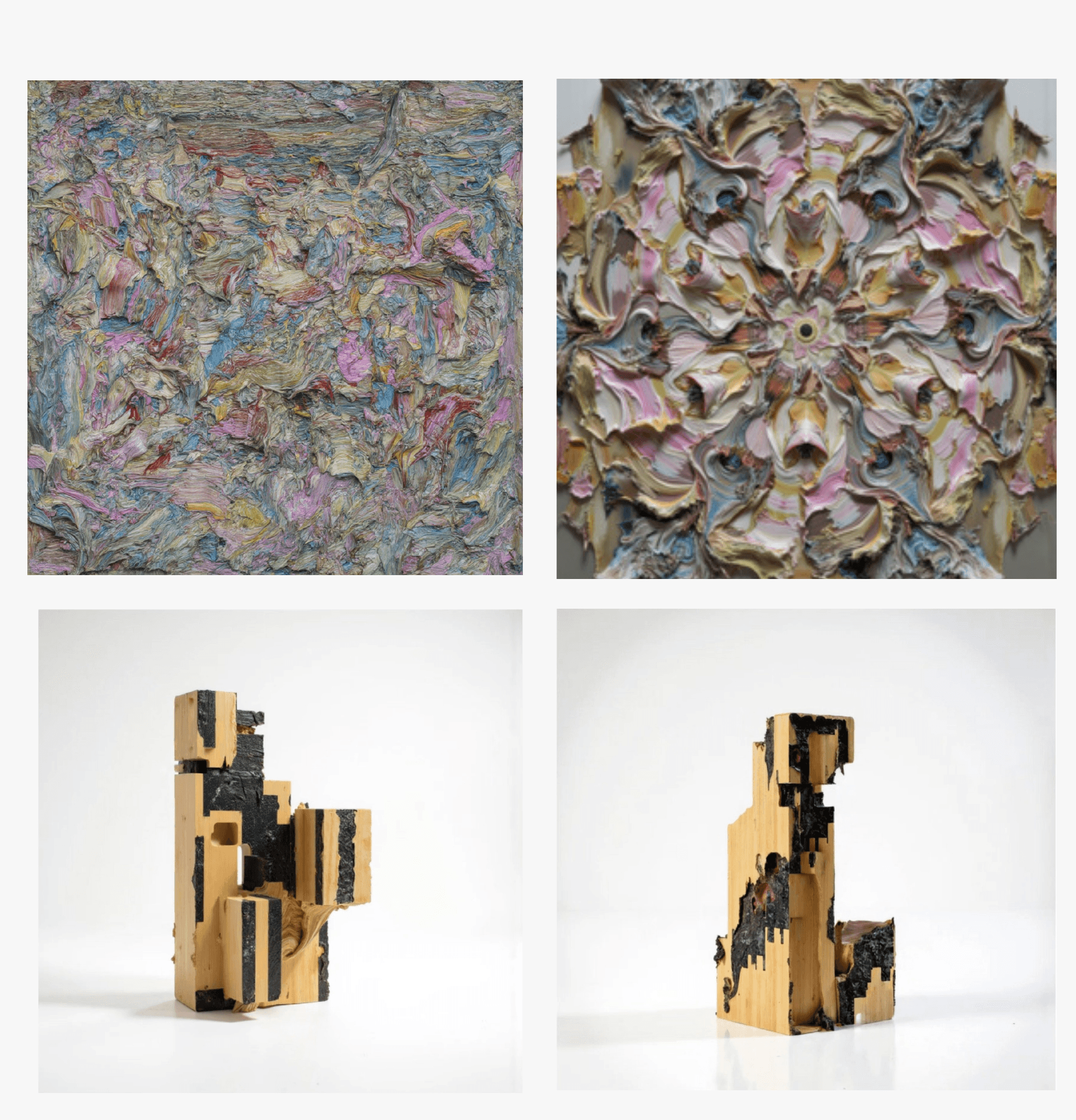 Textured 3D-printed sculptures, two views