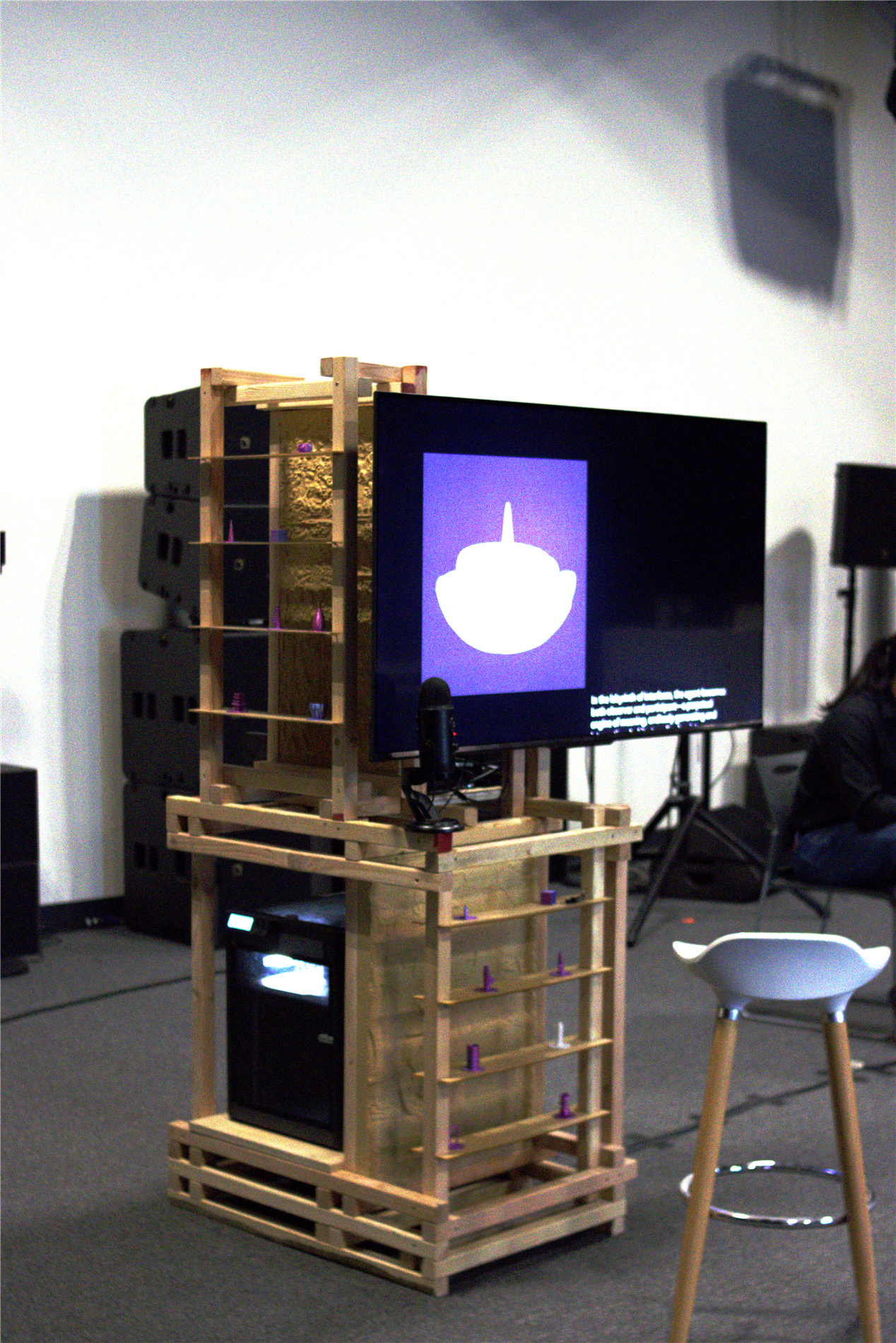 Final interactive installation with screen and speaker rig