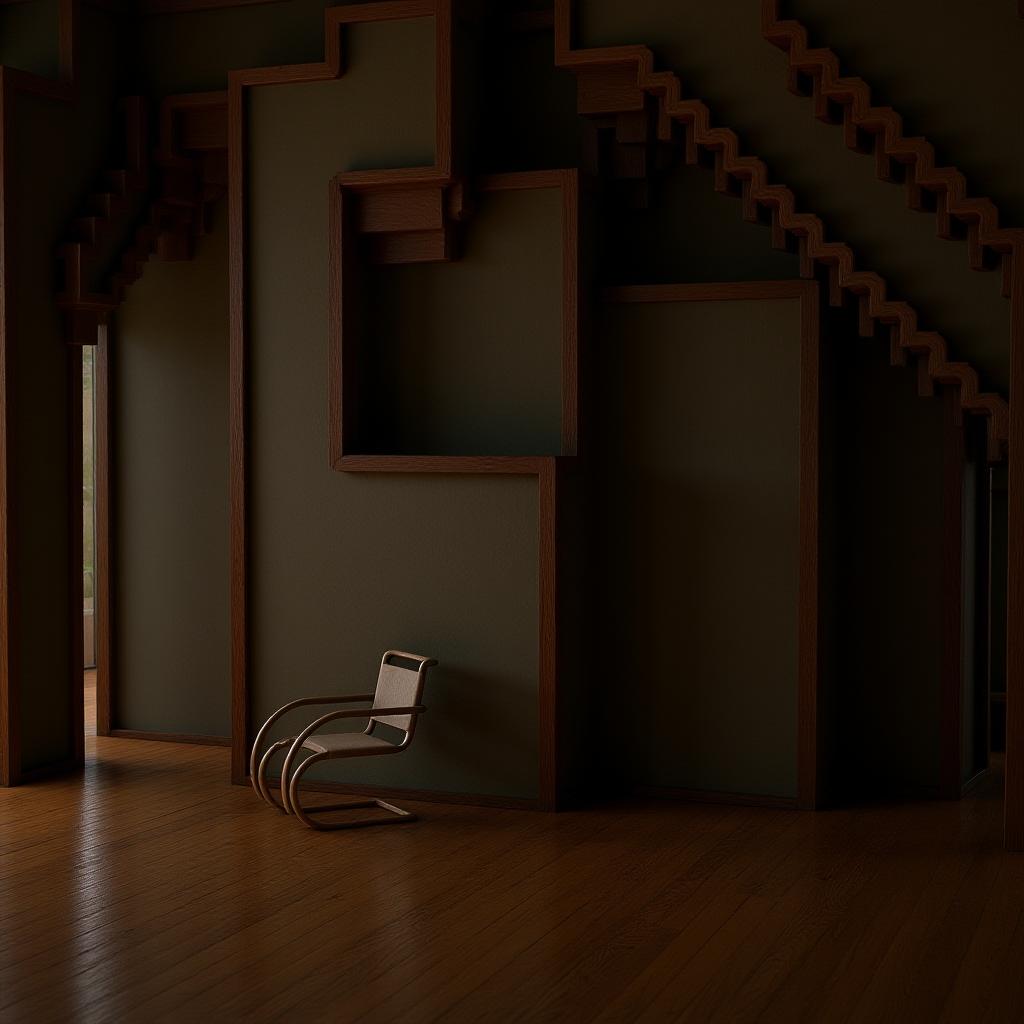 Single chair against a pixelated wood cornice wall, doorway to greenery beyond