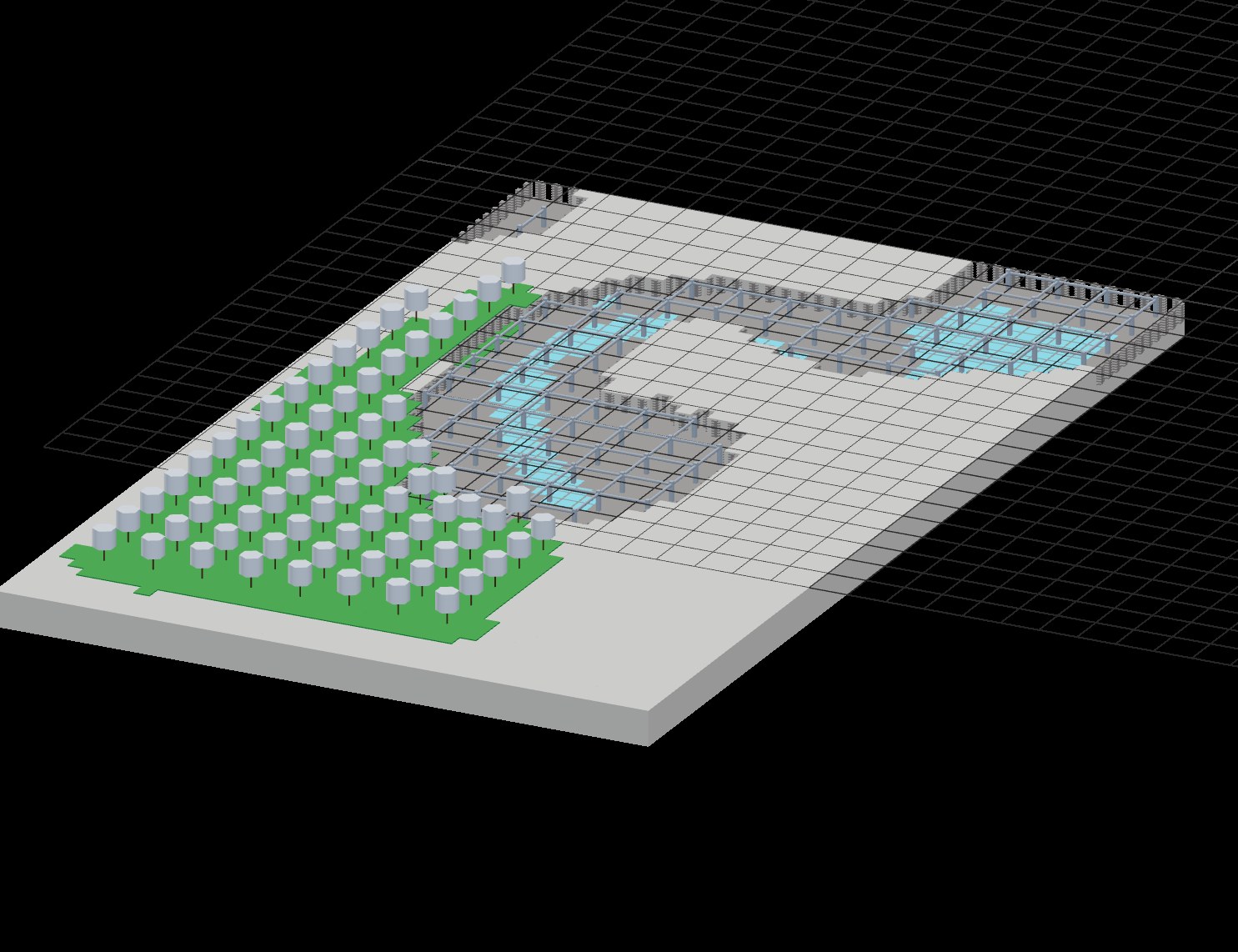 Generated axonometric of the park on its site grid