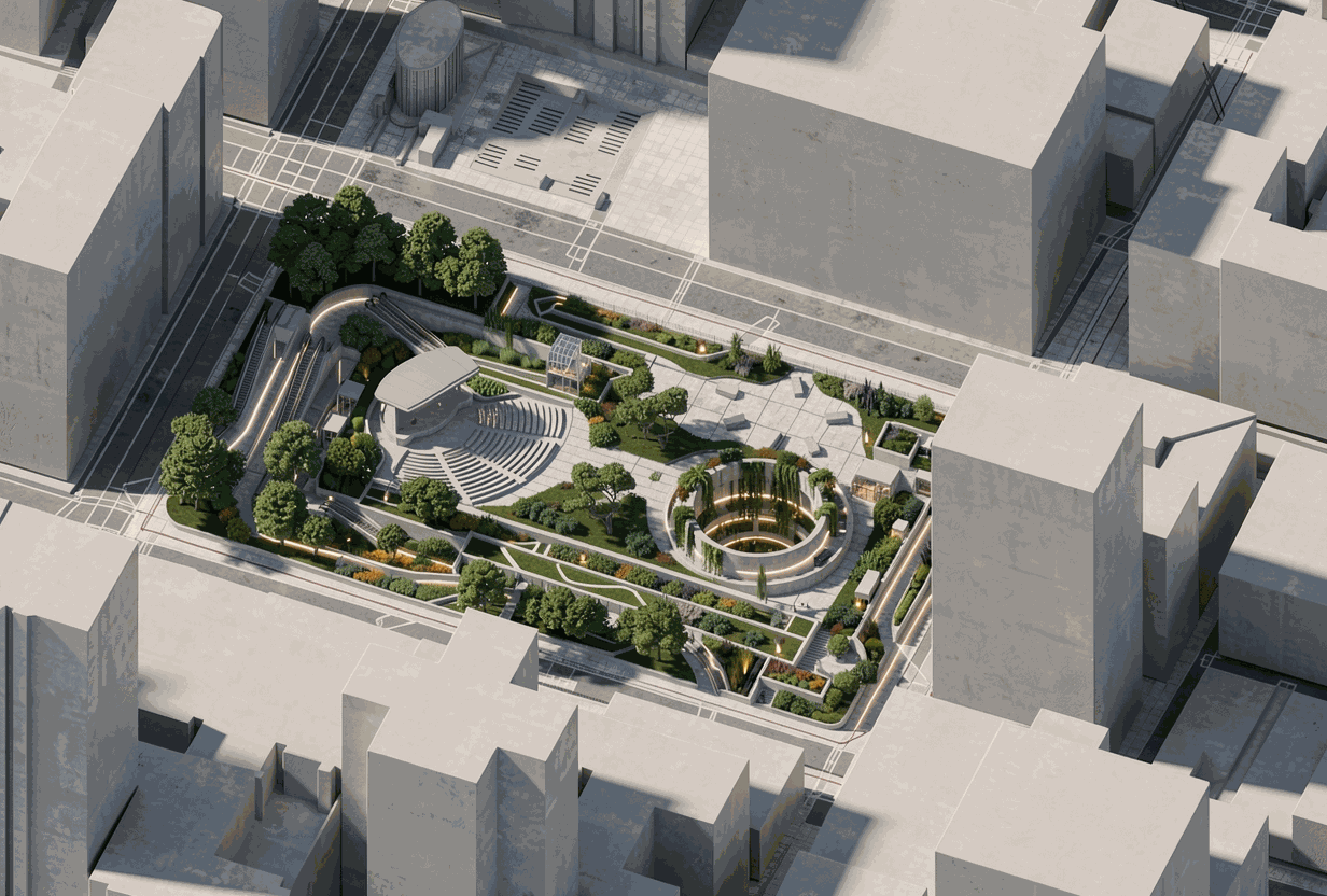Animated aerial render of the generated park in its downtown context